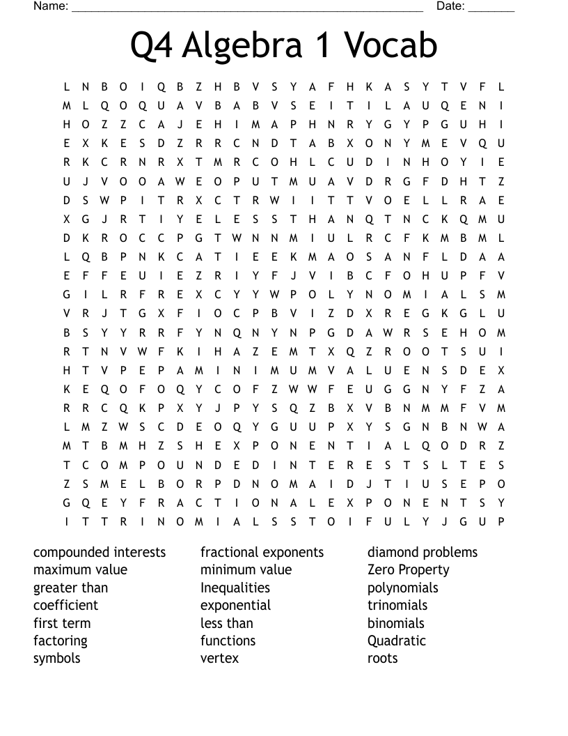 Q4 Algebra 1 Vocab Word Search WordMint