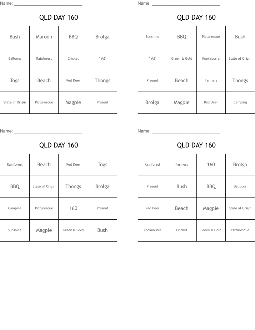 QLD DAY 160 Bingo Cards