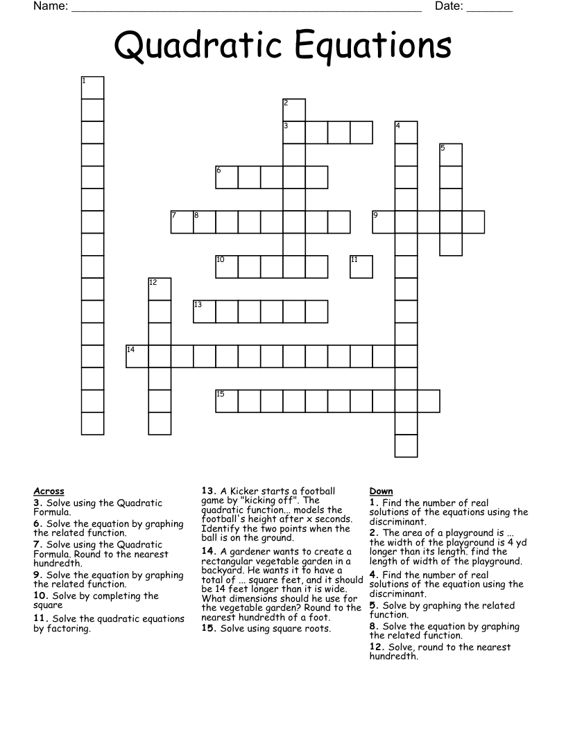 Quadratic Equations Crossword WordMint