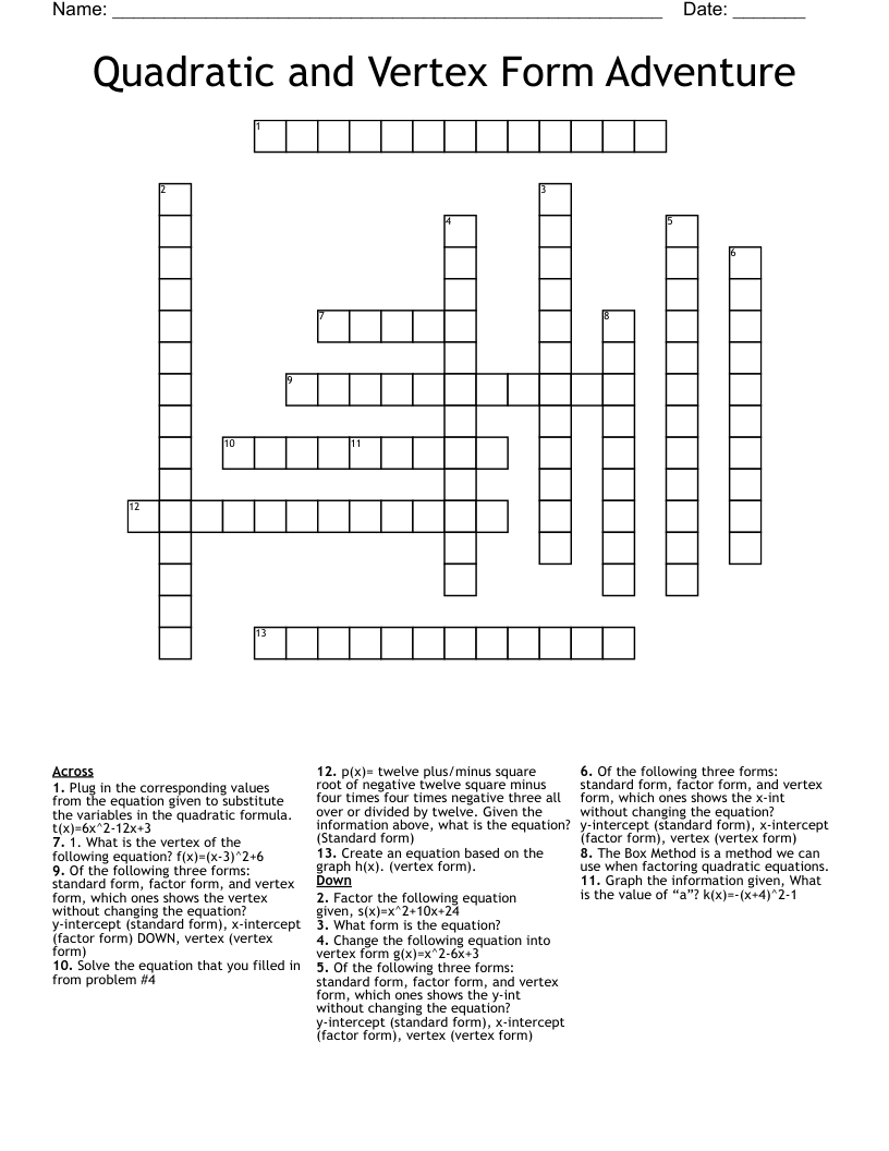 Quadratic And Vertex Form Adventure Crossword Wordmint