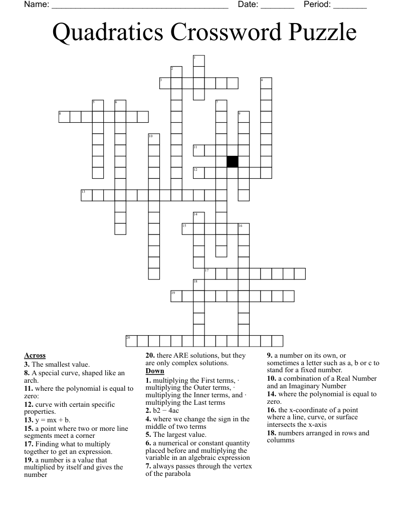 Quadratics Crossword Puzzle 