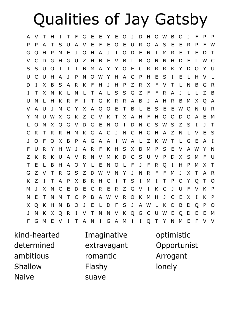 Qualities of Jay Gatsby Word Search WordMint