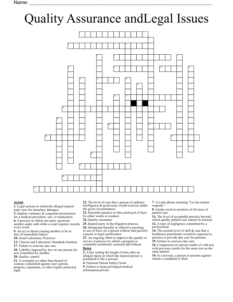 Quality Assurance AndLegal Issues Crossword WordMint