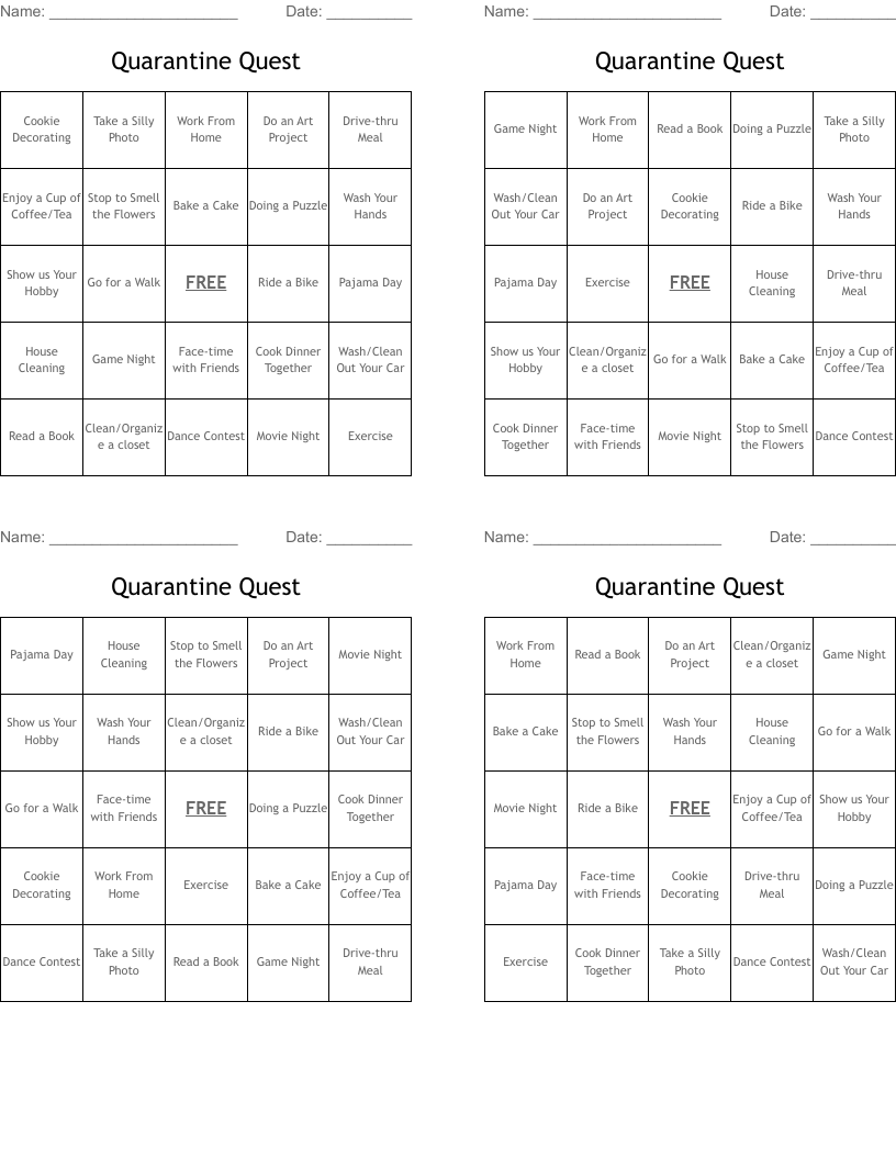 Quarantine Quest Bingo Cards