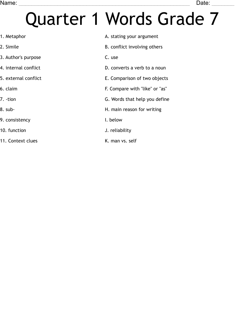 Quarter 1 Words Grade 7 Worksheet