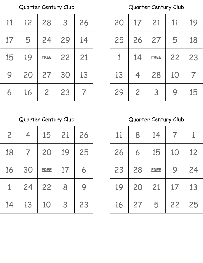 Quarter Century Club Bingo Cards