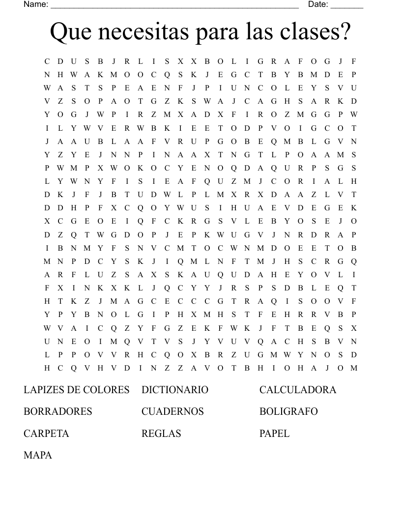 Que necesitas para las clases? Word Search