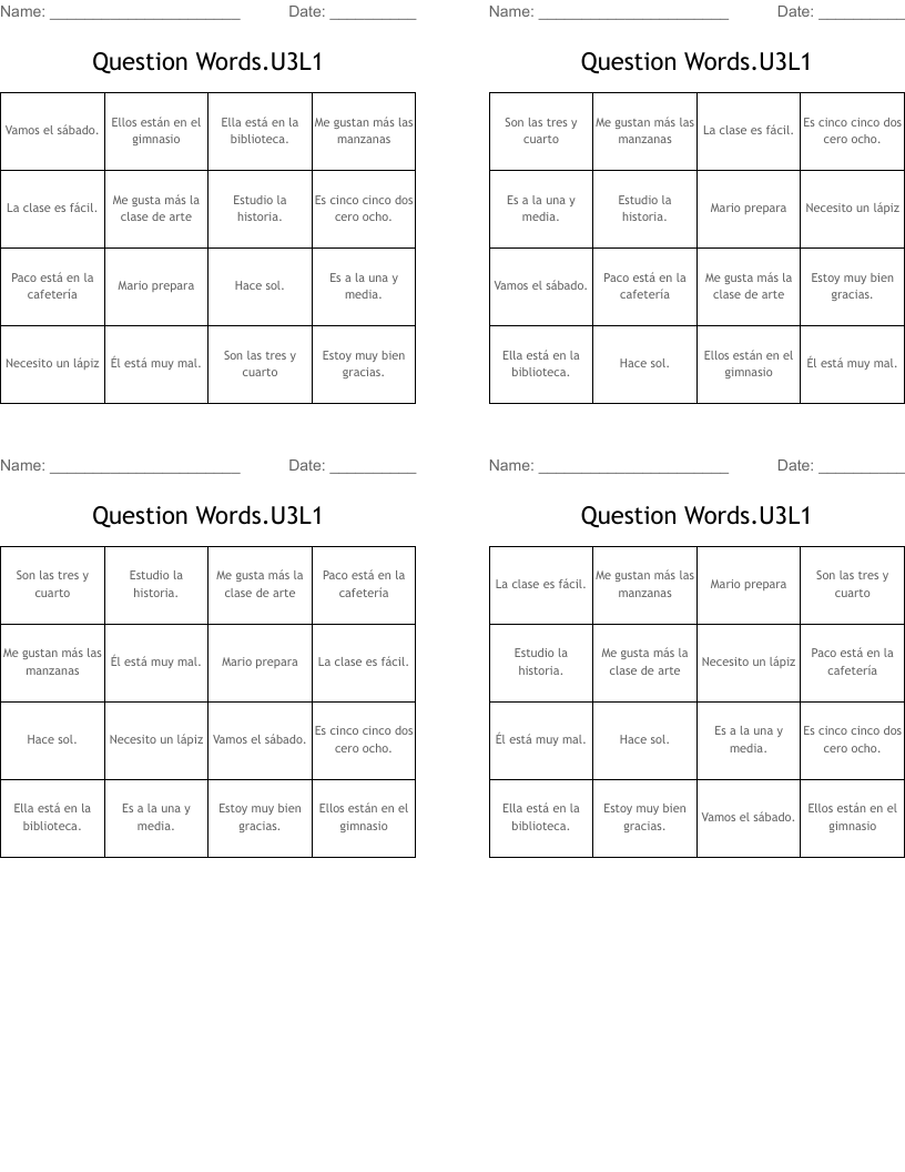Question Words.U3L1 Bingo Cards