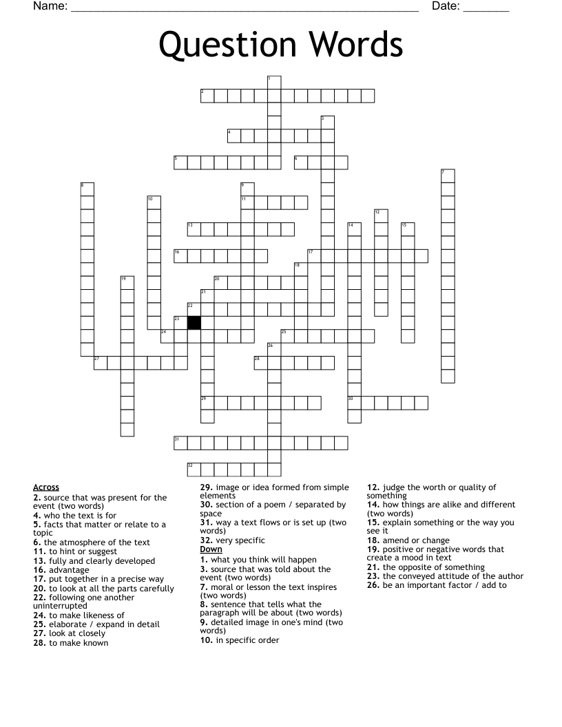 Question Words Crossword