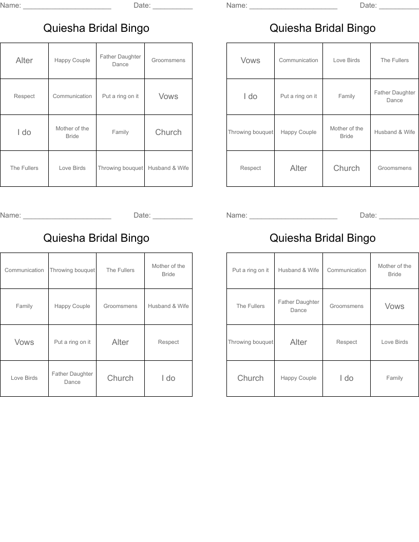 Quiesha Bridal Bingo 