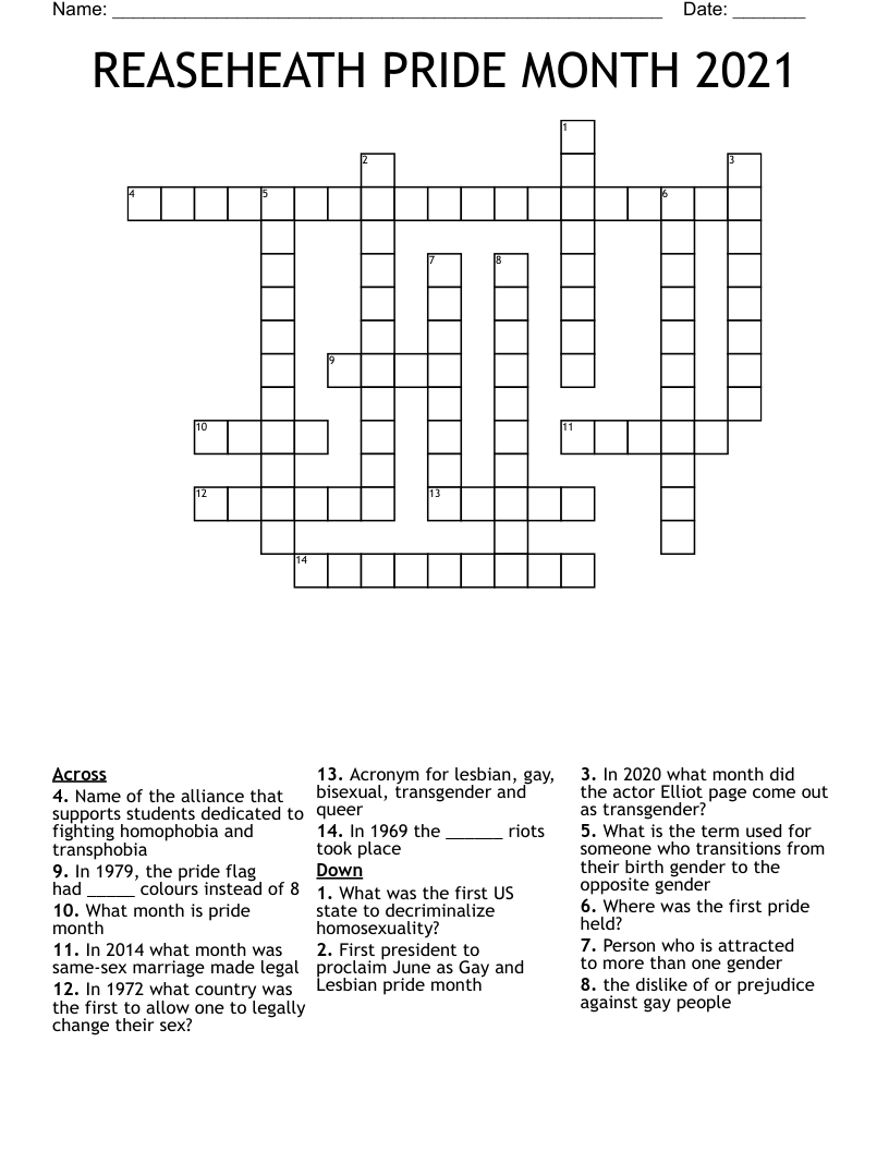 REASEHEATH PRIDE MONTH 2021 Crossword WordMint