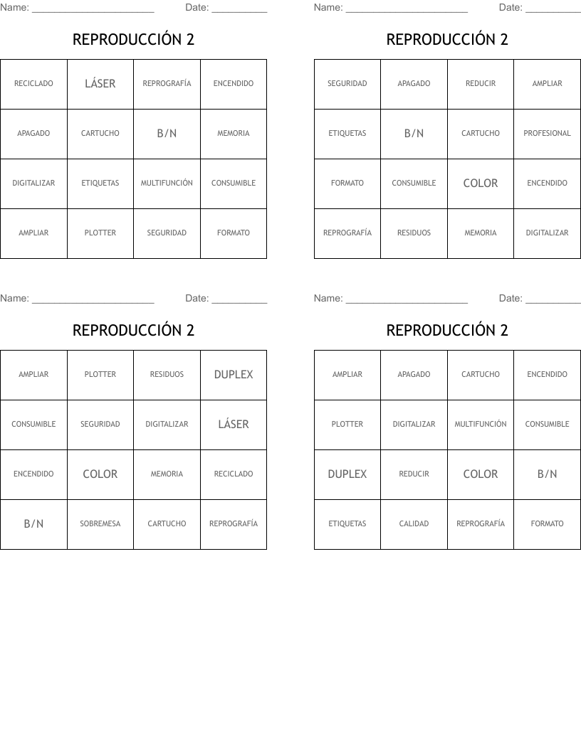 REPRODUCCIÓN 2 Bingo Cards