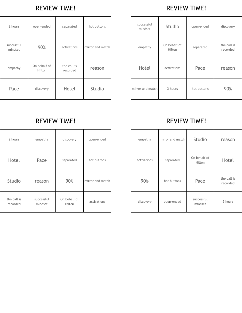 REVIEW TIME! Bingo Cards