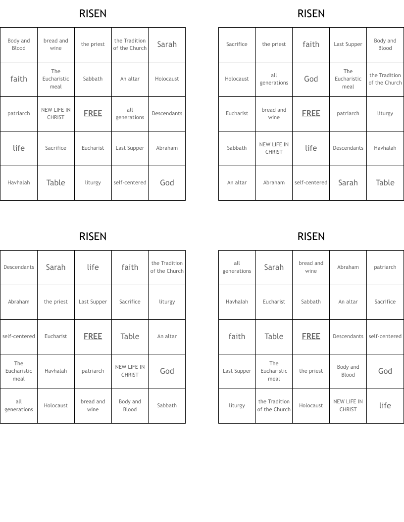 RISEN Bingo Cards