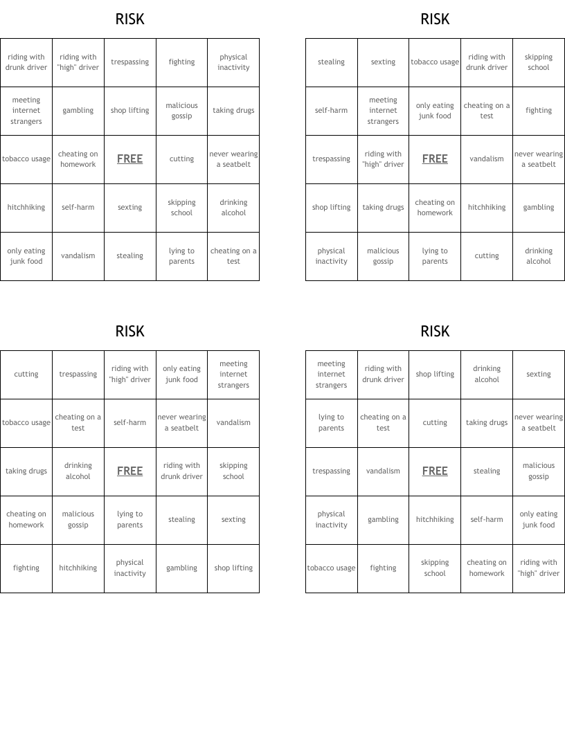 RISK Bingo Cards