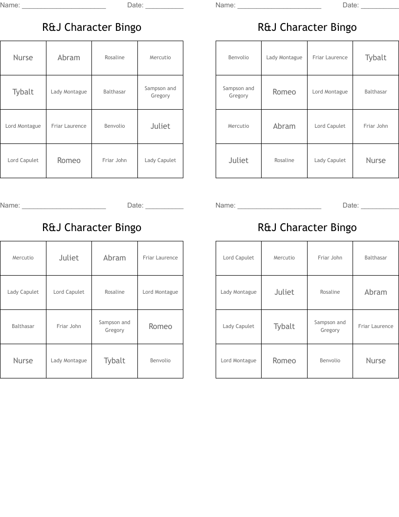 R&J Character Bingo
