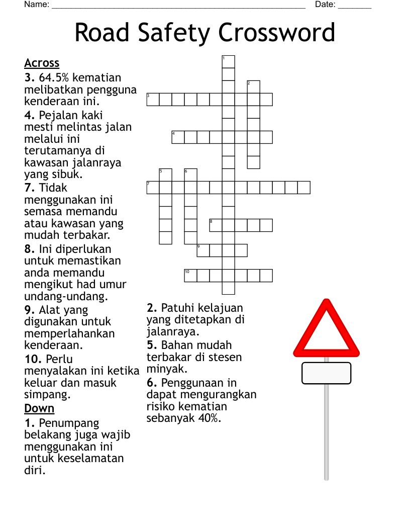 ROAD SAFETY CROSSWORD WordMint