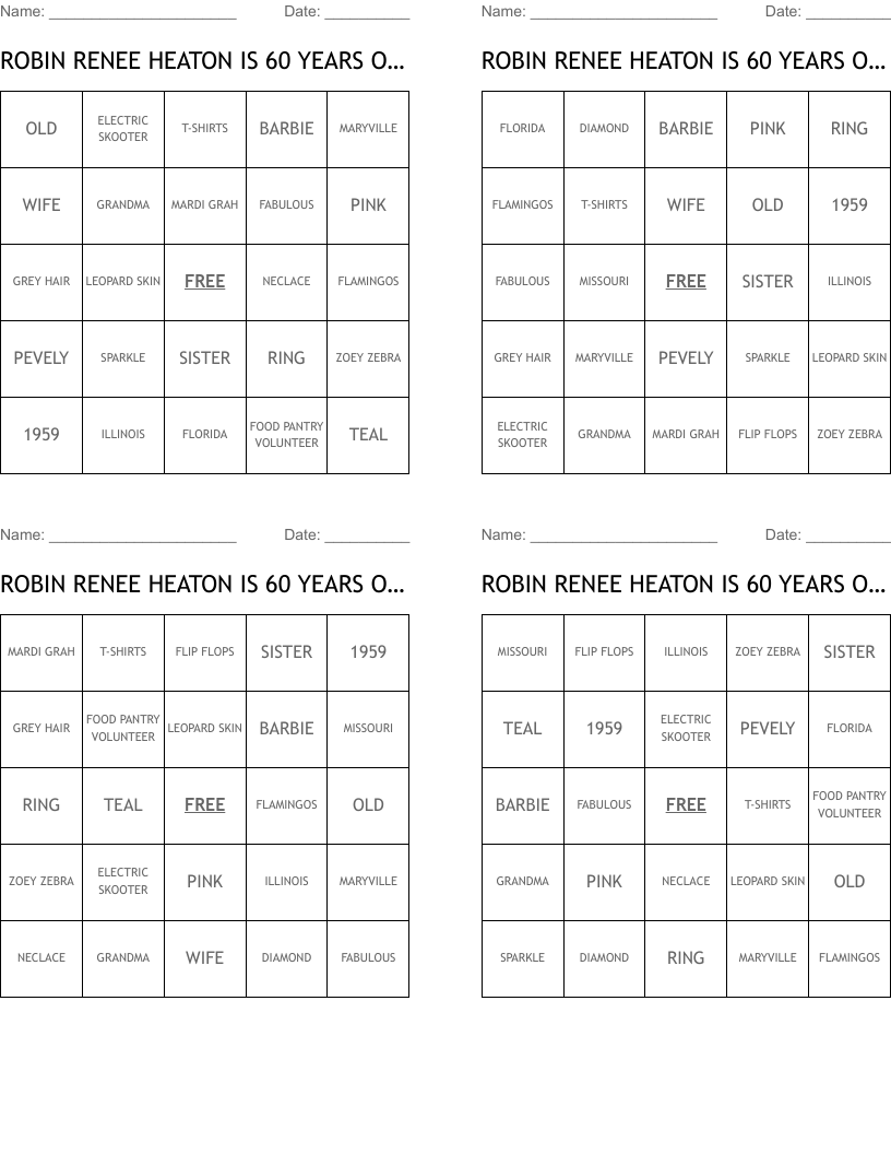 ROBIN RENEE HEATON IS 60 YEARS OLD TODAY Bingo Cards