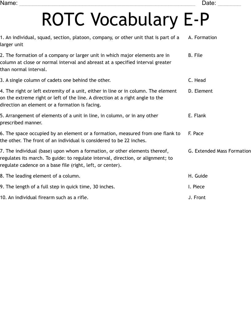 ROTC Vocabulary E-P Worksheet
