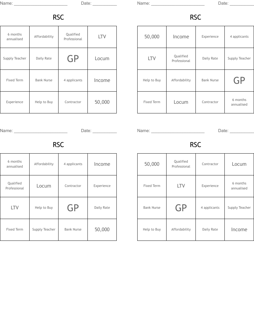RSC Bingo Cards - WordMint