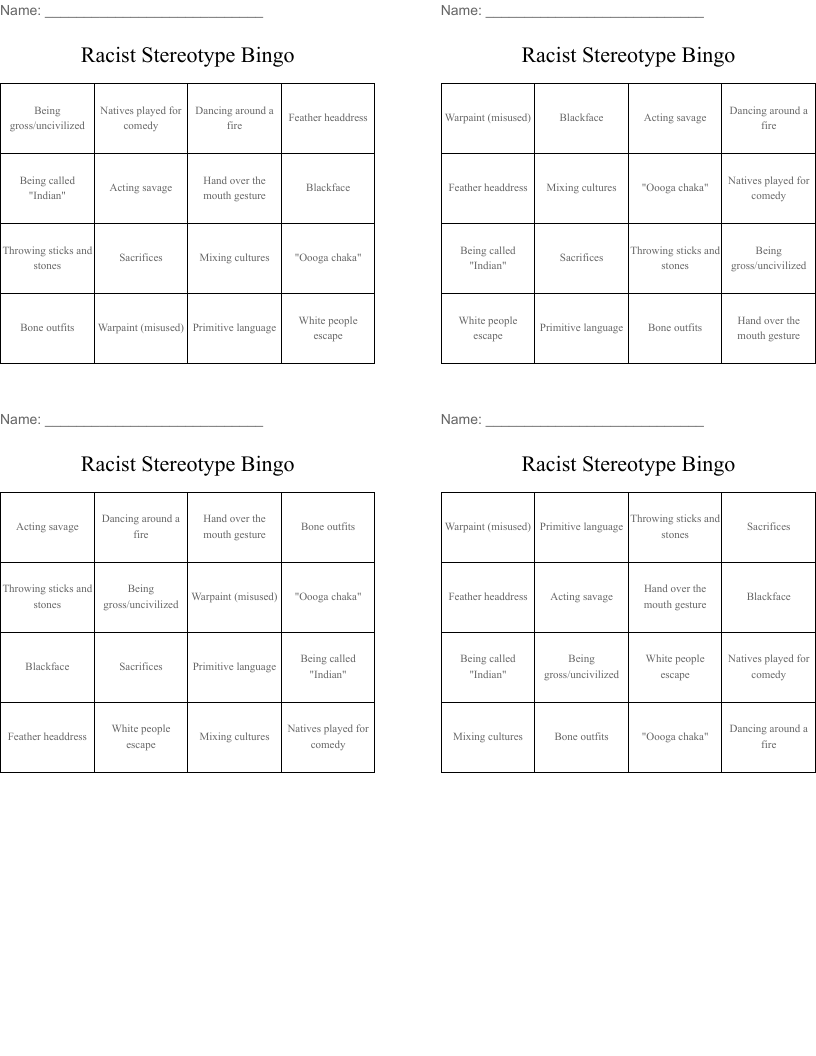 Racist Stereotype Bingo