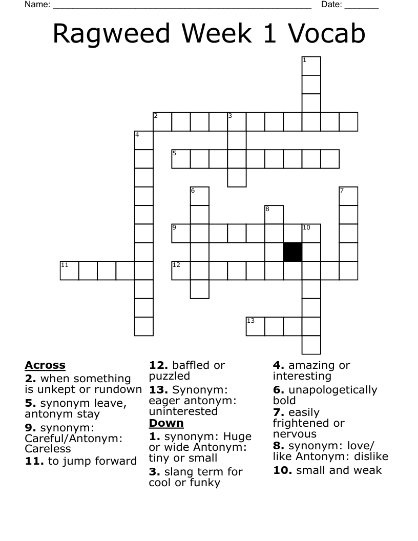 Ragweed Week 1 Vocab Crossword