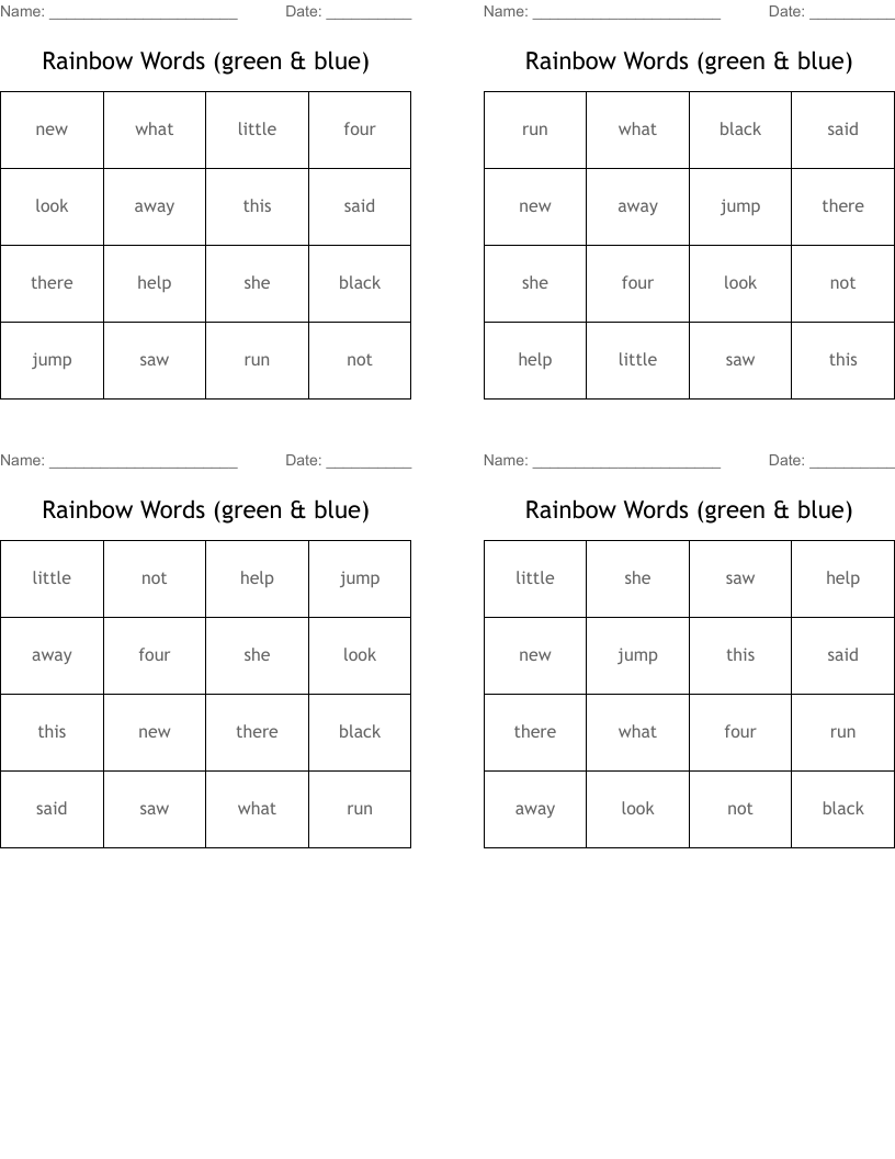 Rainbow Words (green & blue) Bingo Cards