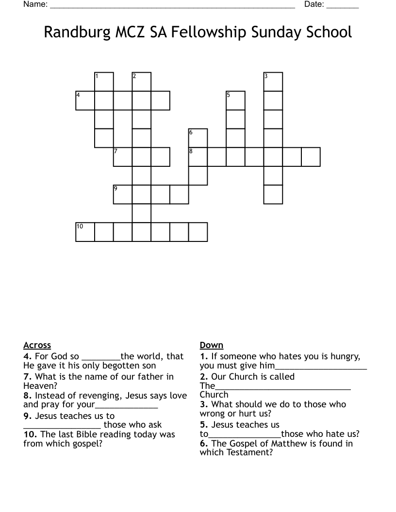 Randburg MCZ SA Fellowship Sunday School  Crossword