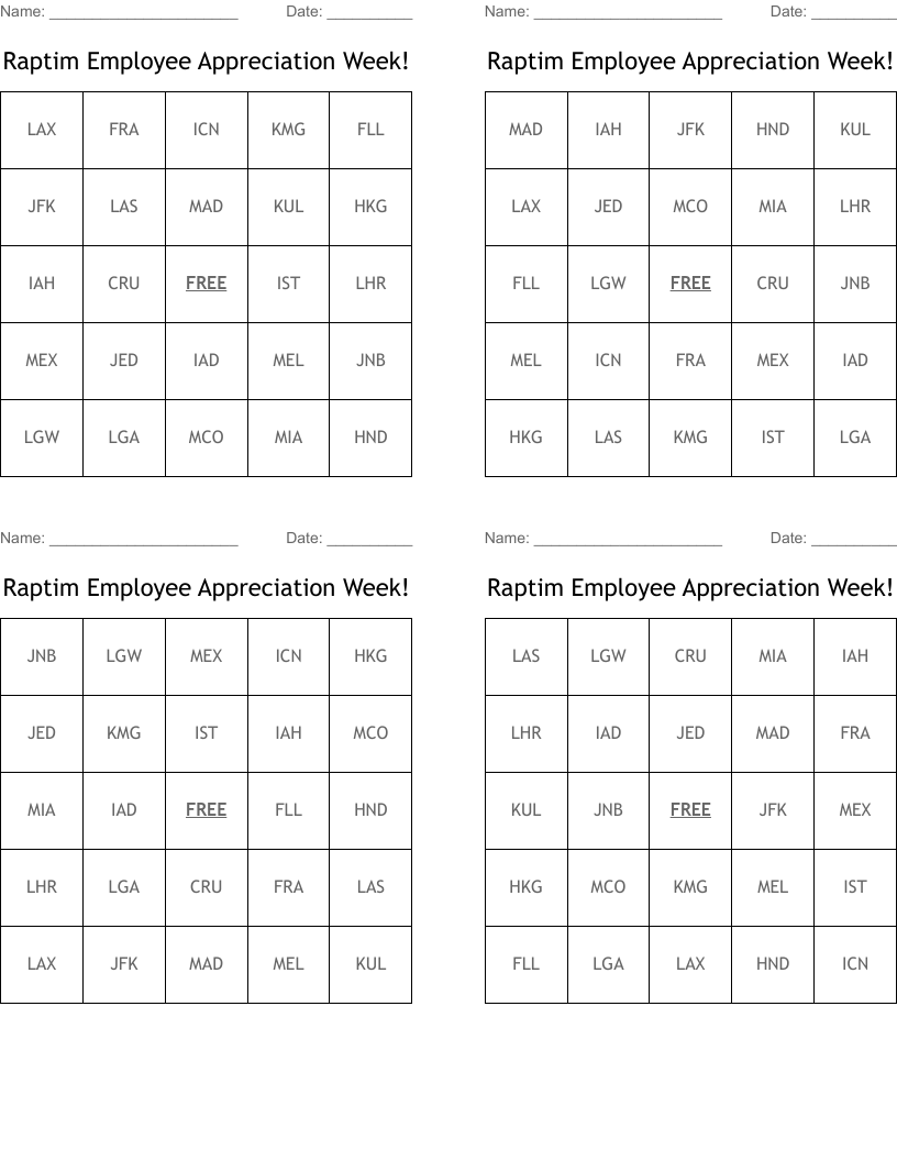 Raptim Employee Appreciation Week Bingo Cards WordMint