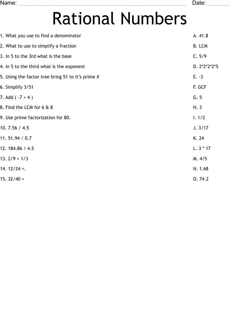 Rational Numbers Worksheet 6th Grade