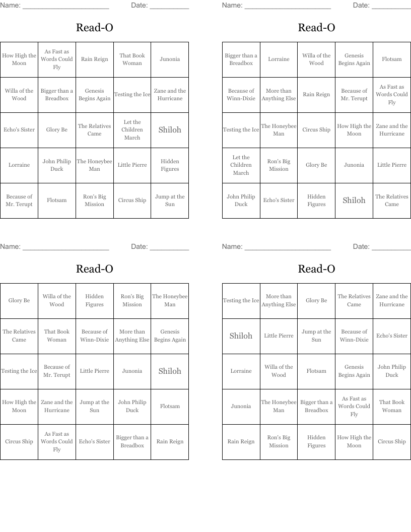 Read-O Bingo Cards
