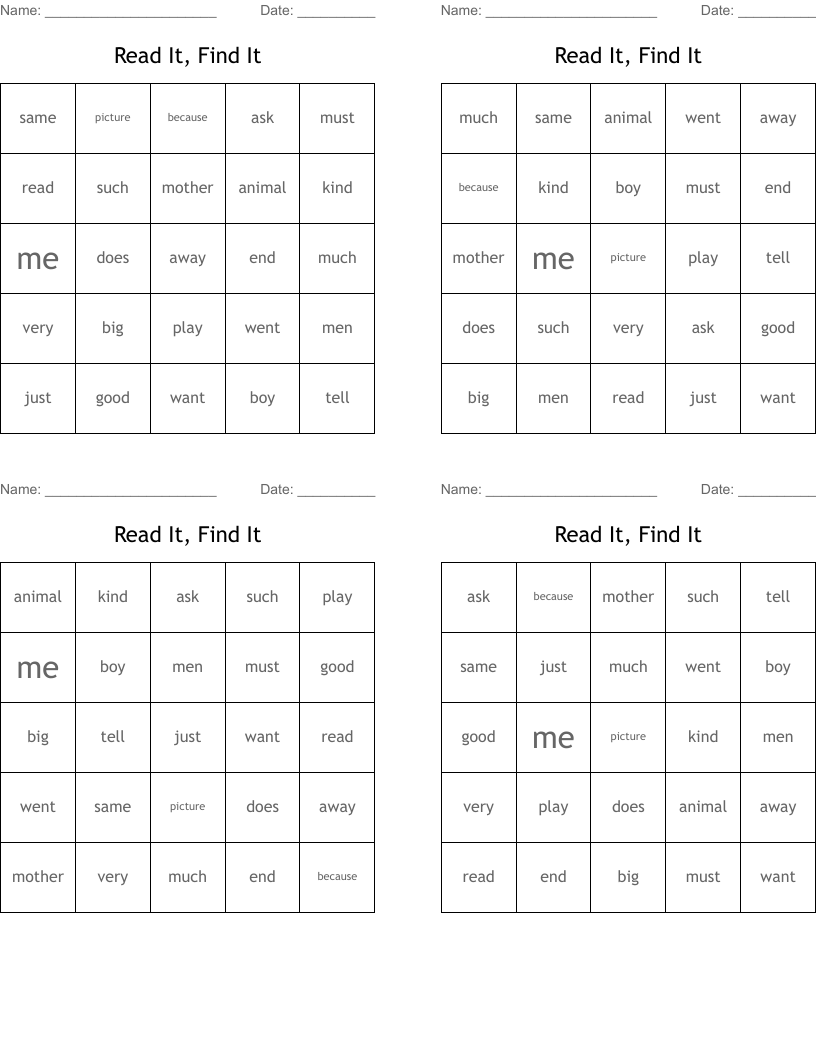 Read It, Find It Bingo Cards