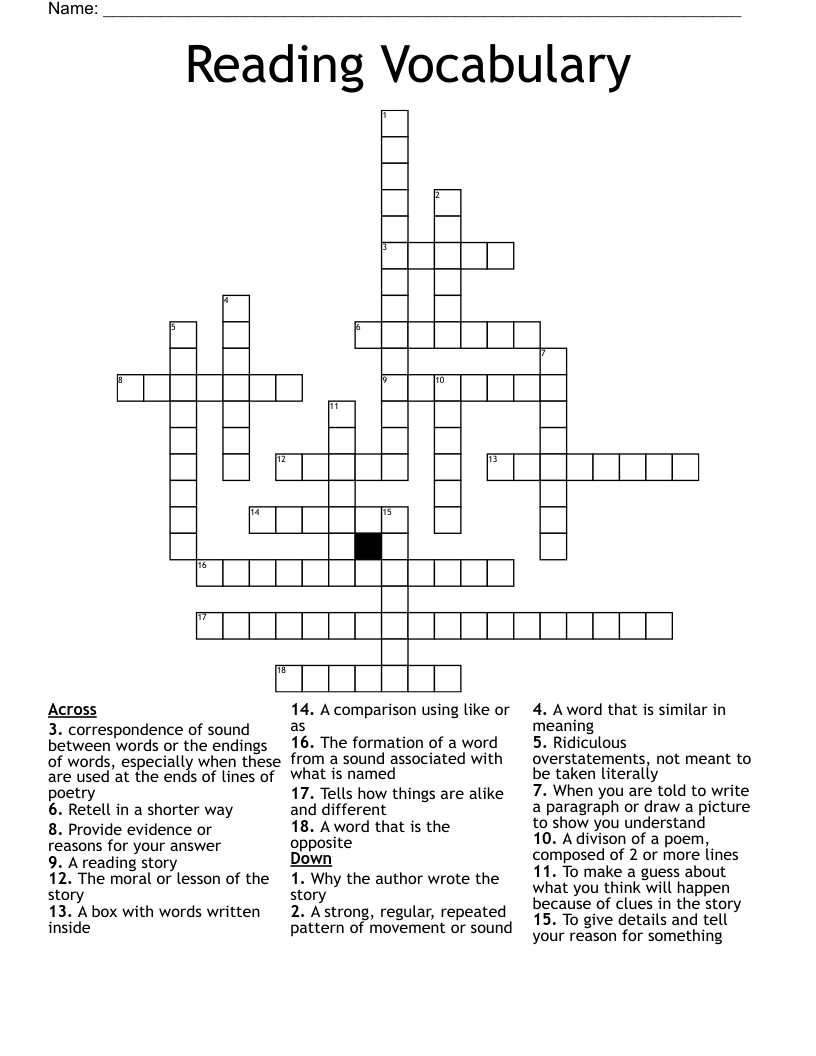 Reading Vocabulary  Crossword