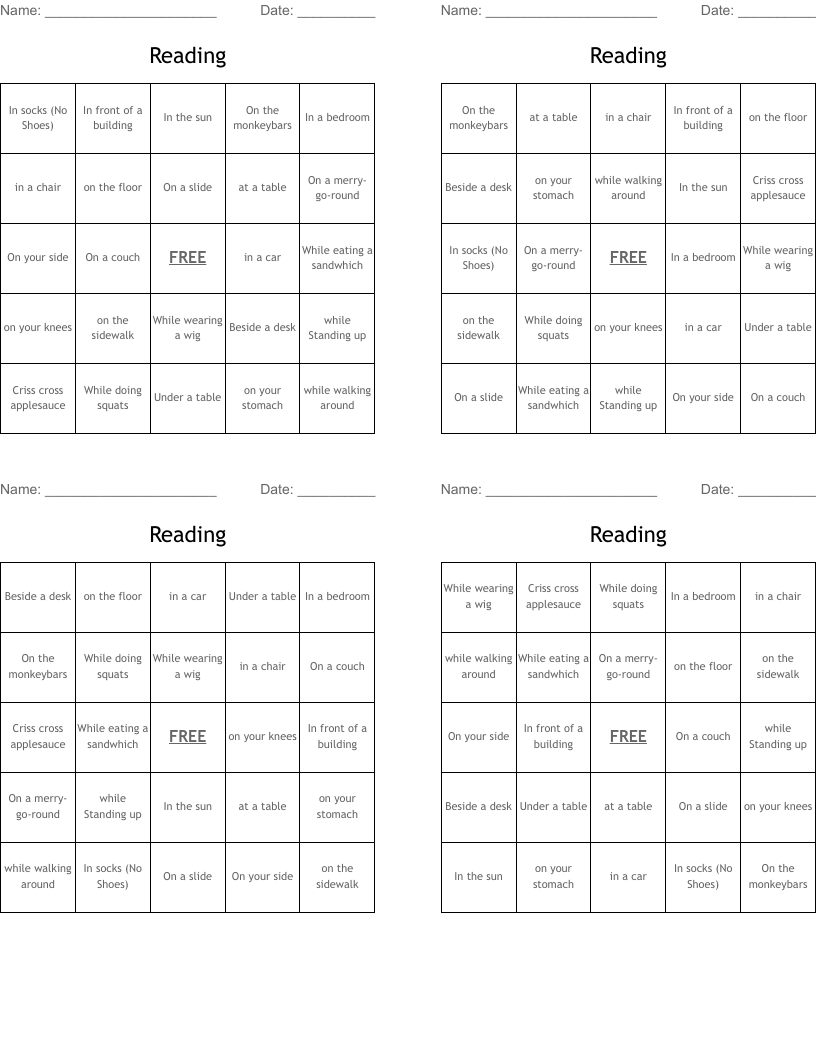 Reading  Bingo Cards