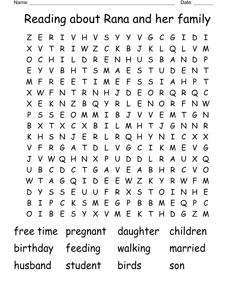 Reading about Rana and her family Word Search