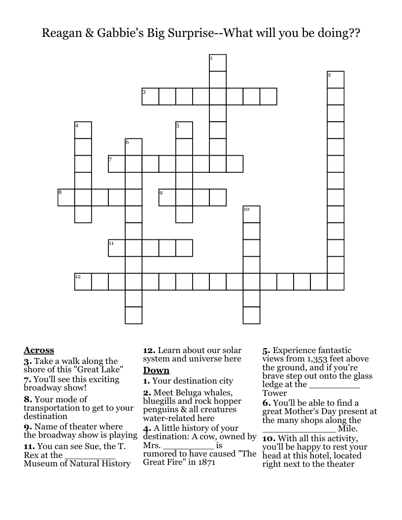 Reagan & Gabbie's Big Surprise--What will you be doing?? Crossword