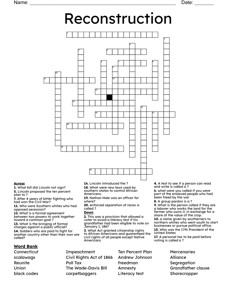 Reconstruction Crossword WordMint