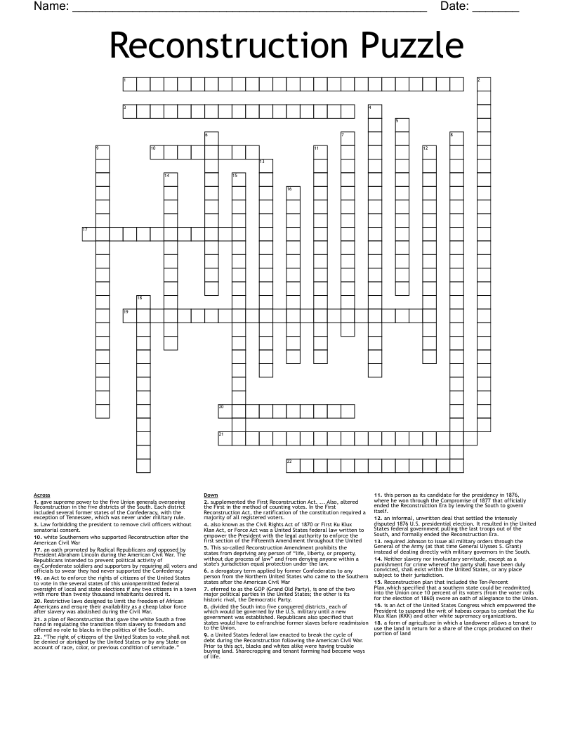 Reconstruction Of The South Crossword WordMint