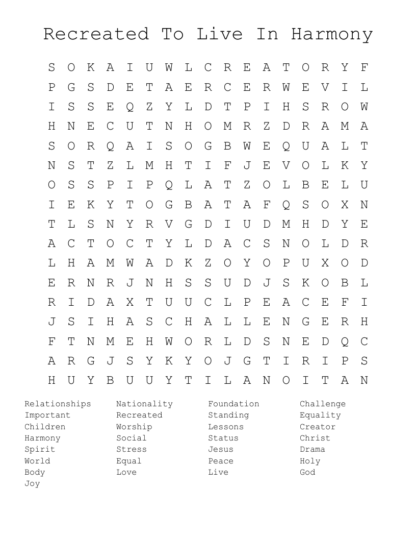 Recreated To Live In Harmony Word Search