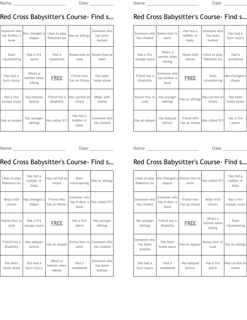Red Cross Babysitter's Course-  Find someone who ...... Bingo Cards