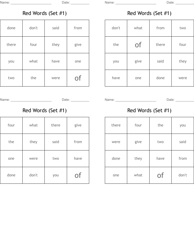 Red Words (Set #1) Bingo Cards