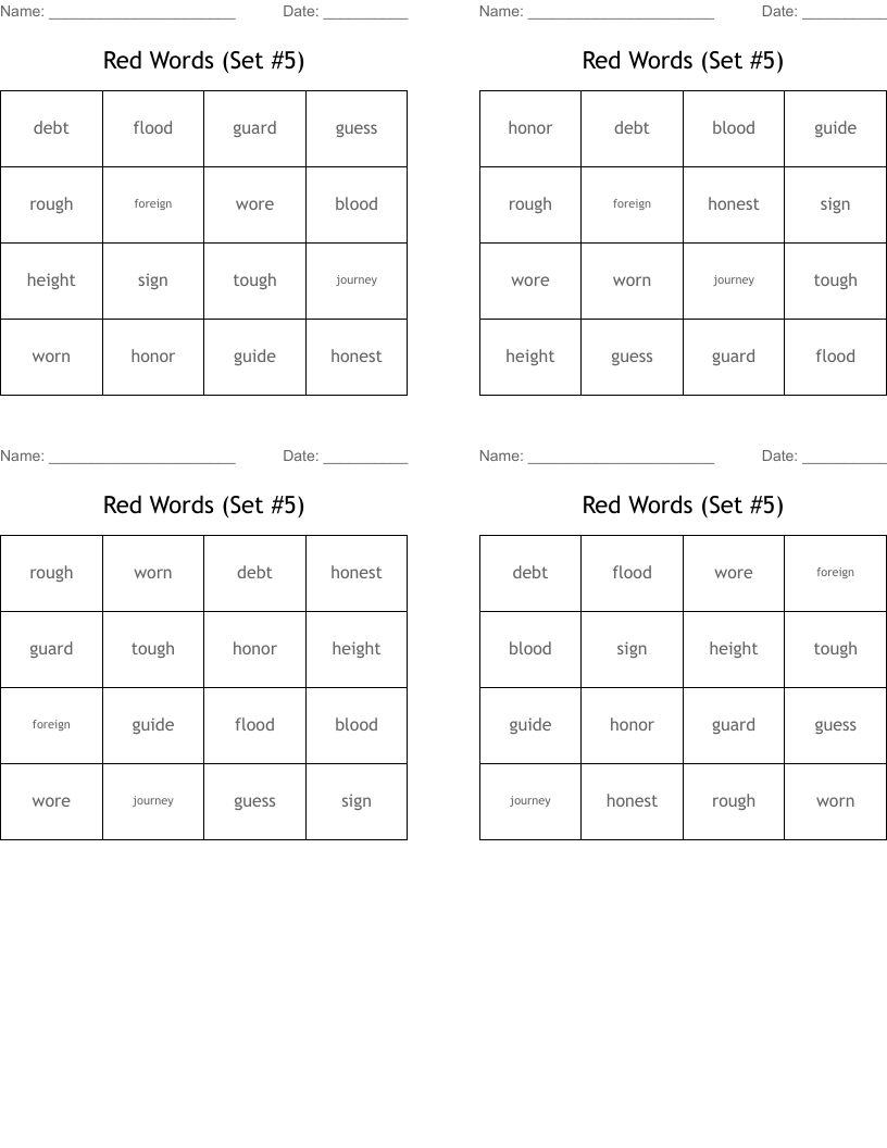 Red Words (Set #5) Bingo Cards