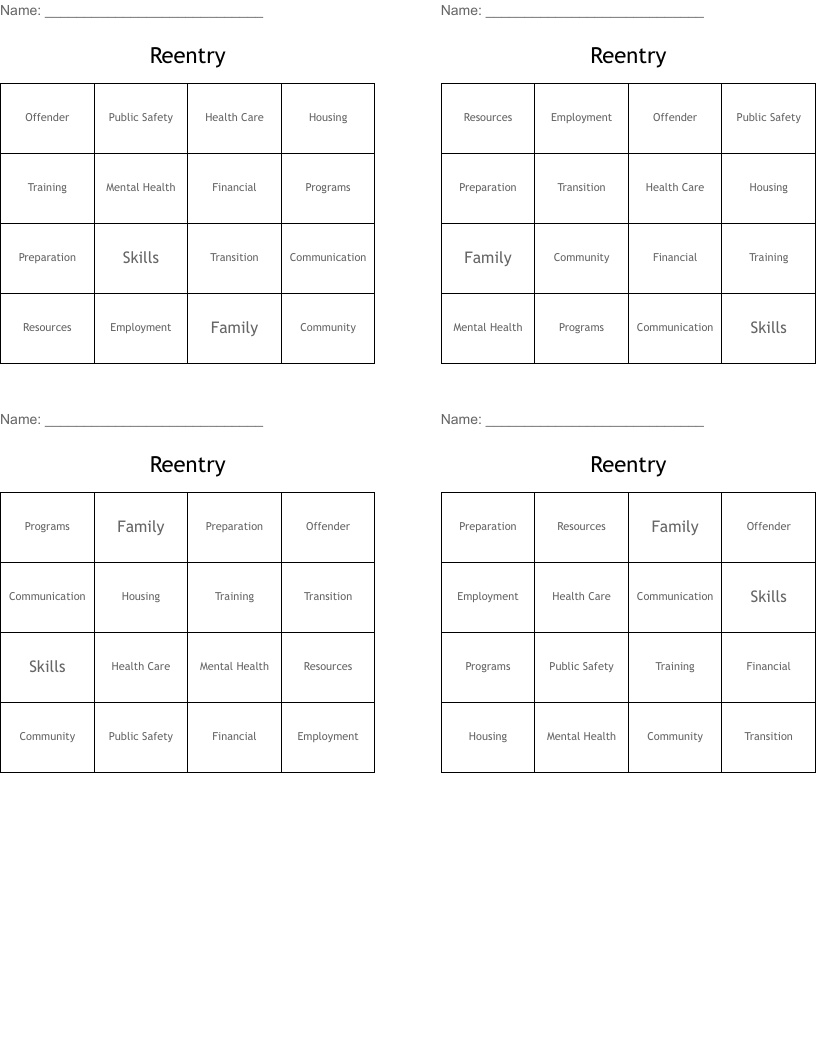 Reentry Bingo Cards