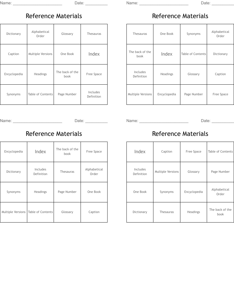 Reference Materials  Bingo Cards