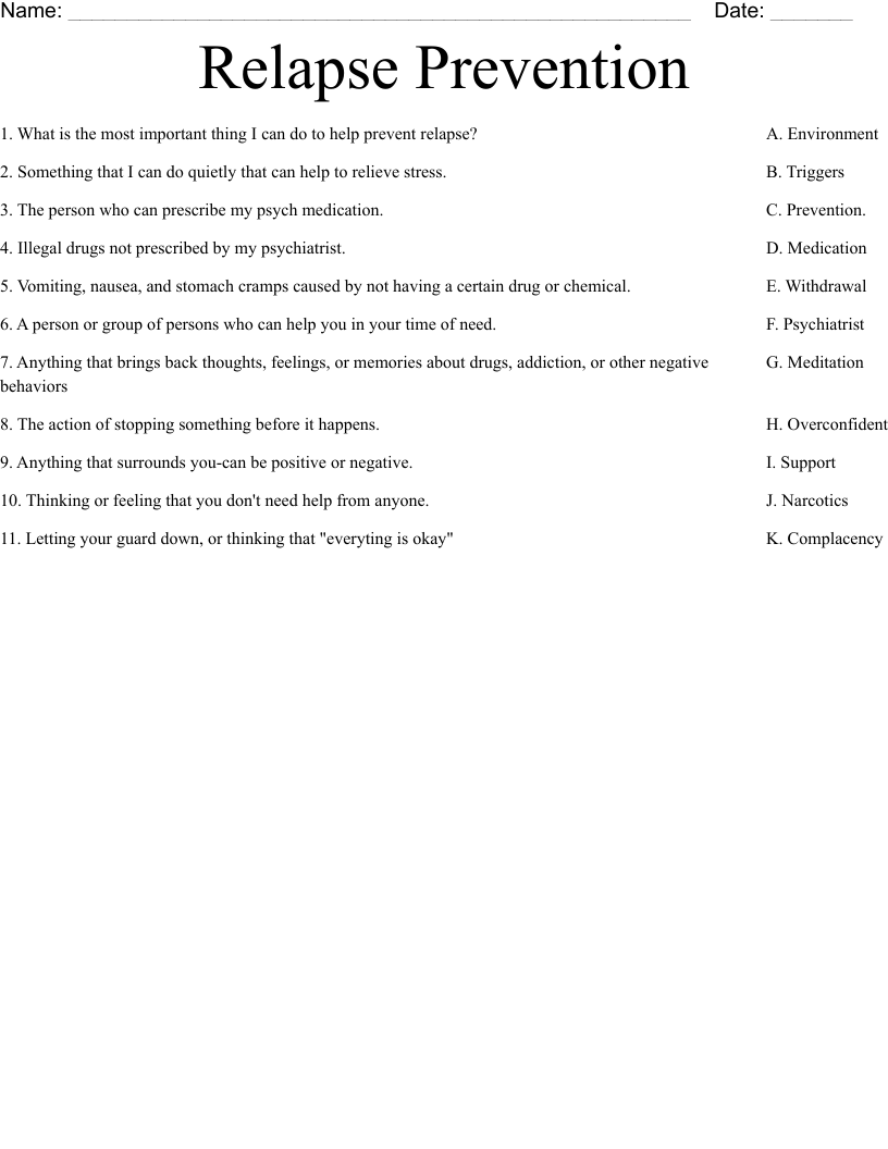 Relapse Prevention Worksheet - WordMint