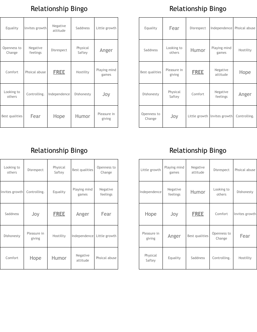 Relationship Bingo