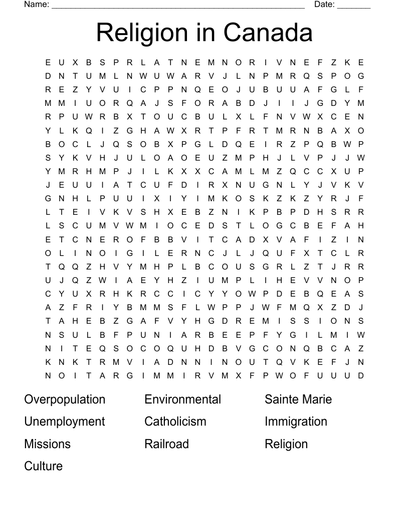 Religion in Canada Word Search