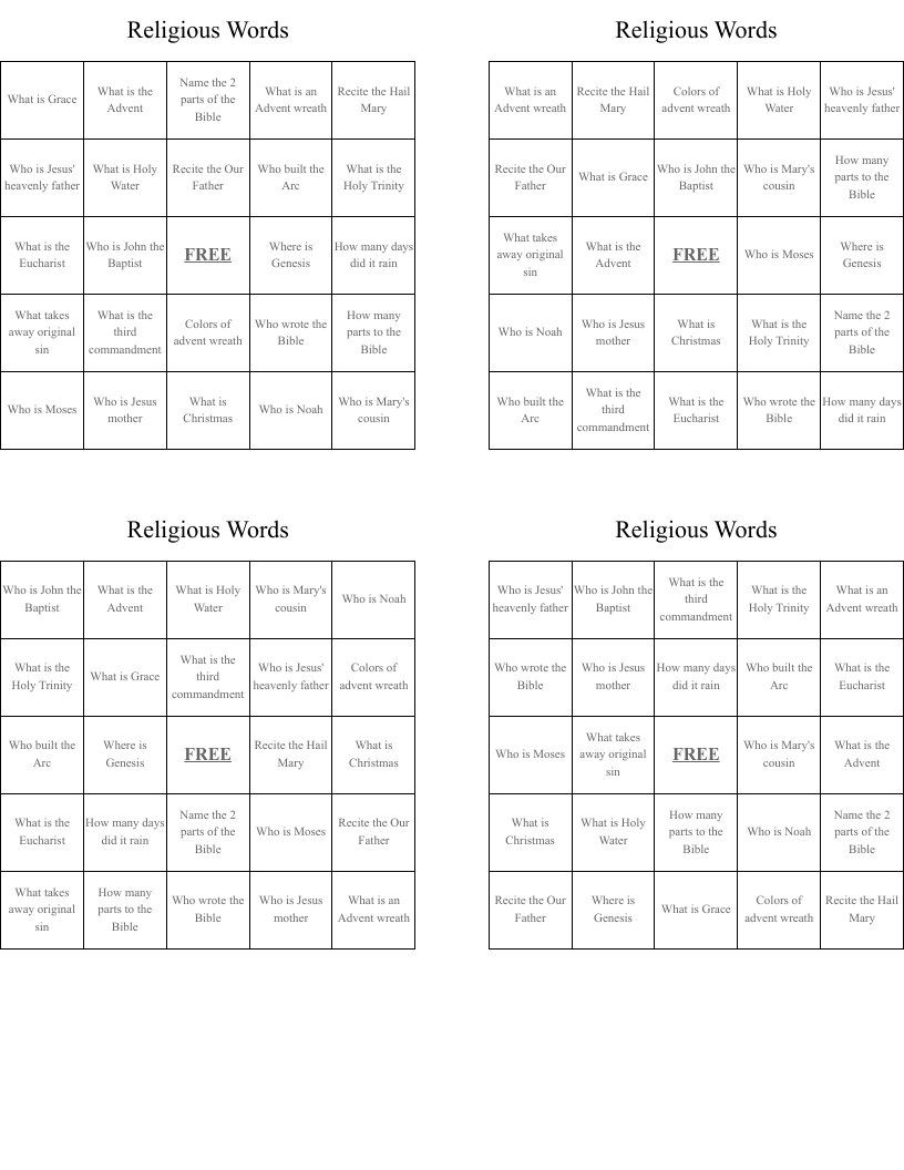 Religious Words Bingo Cards - WordMint