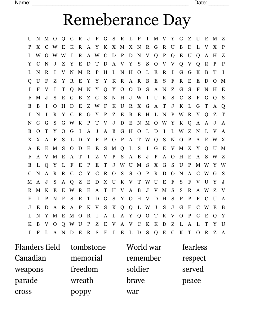 Remeberance Day Word Search
