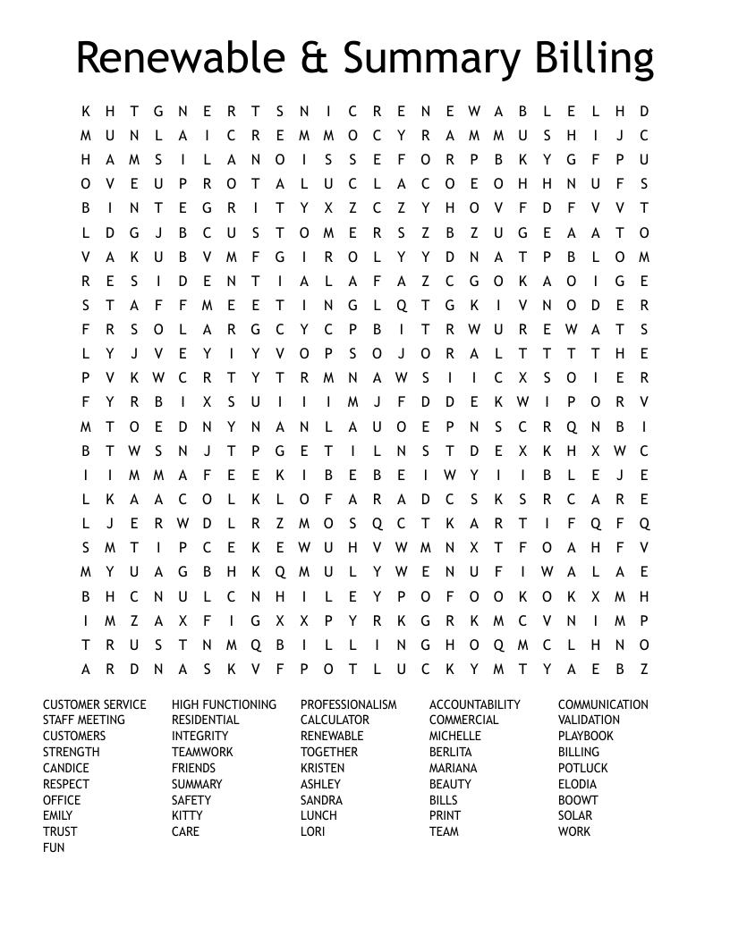 Renewable & Summary Billing Word Search